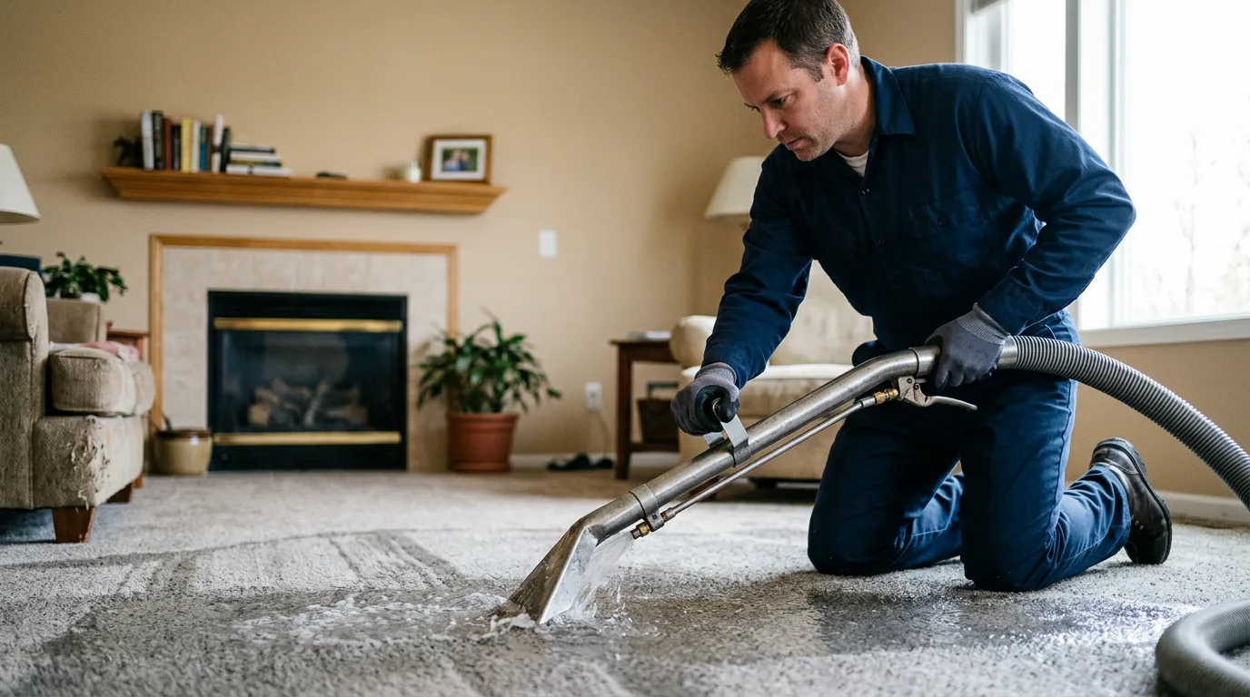 Water damage restoration technician working in a home in Utah